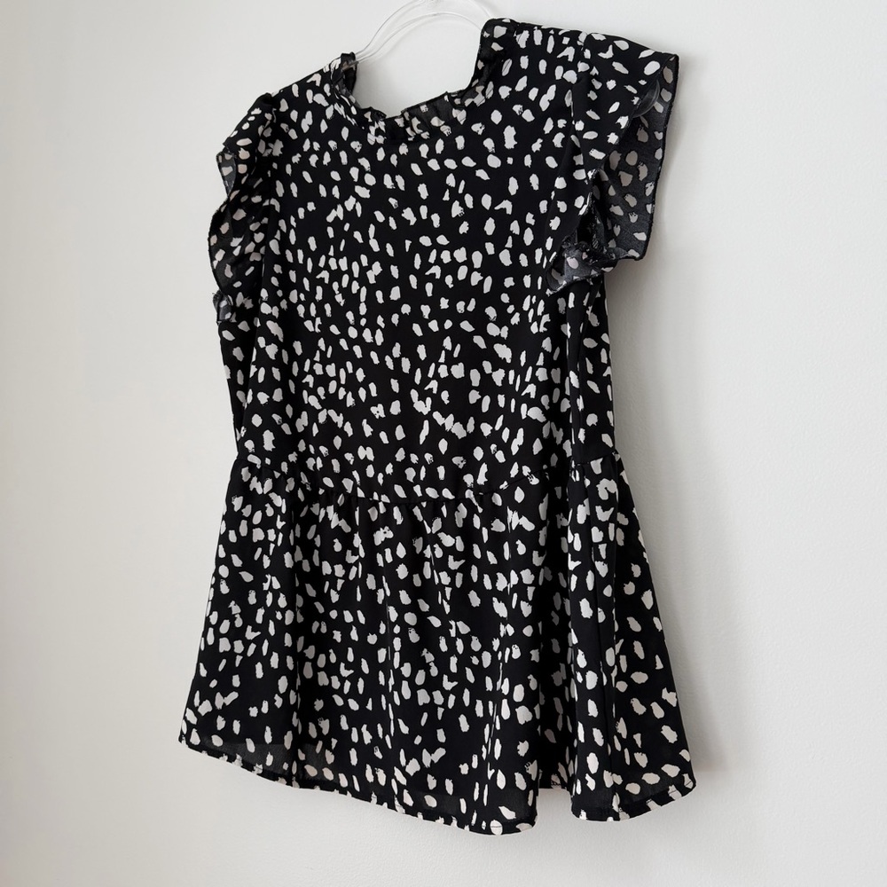 Black + White Printed Flutter Sleeve Women's Top Sz L - Picture 2 of 8